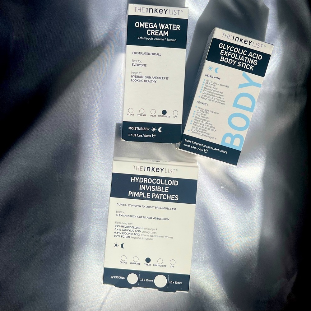 The inkey list bundle- exfoliator , water cream and hydrocolloid patches